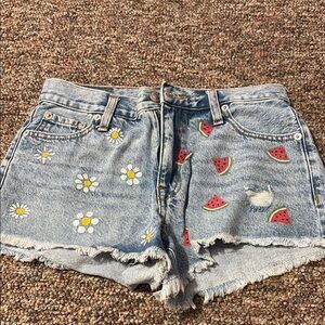 Aeropostale Blue and Red Jean Shorts with Embroidered Designs
